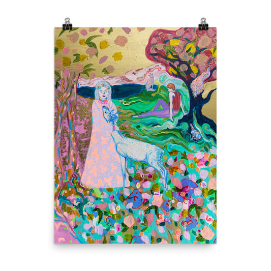 Woman in magical landscape art print